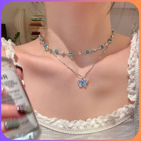 Luna Blue Crystal Butterfly Layered Choker Necklace