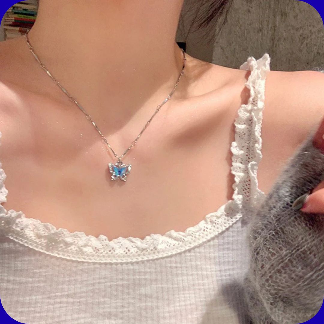 Celeste Blue Crystal Butterfly Layered Choker Necklace