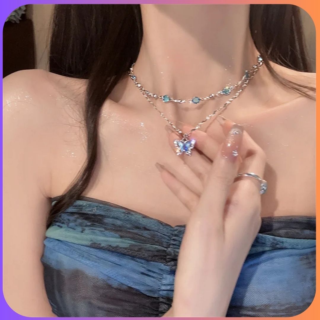 Luna Blue Crystal Butterfly Layered Choker Necklace