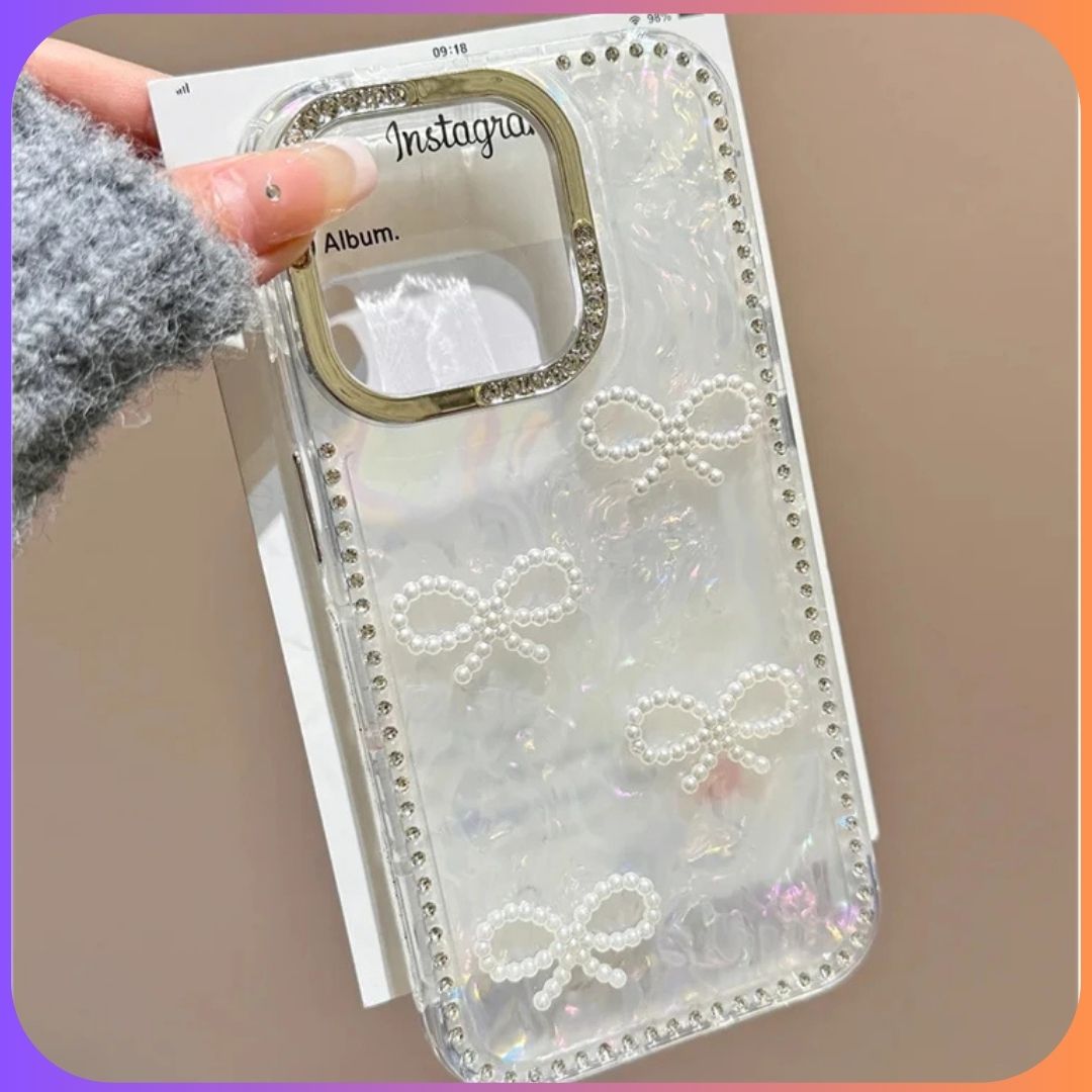 Mira 3D Pearl Bow Glitter Shell iPhone Case – Silver