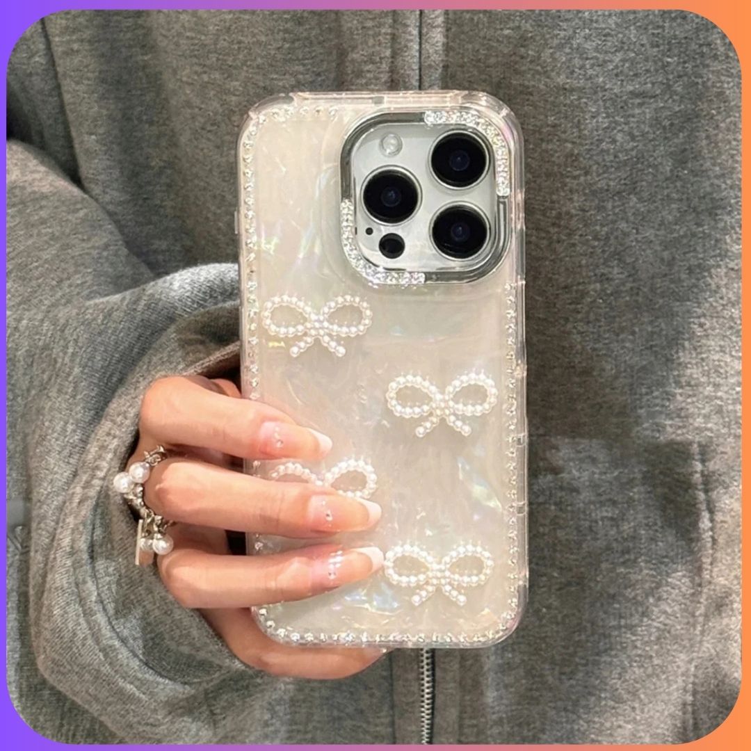 Mira 3D Pearl Bow Glitter Shell iPhone Case – Silver