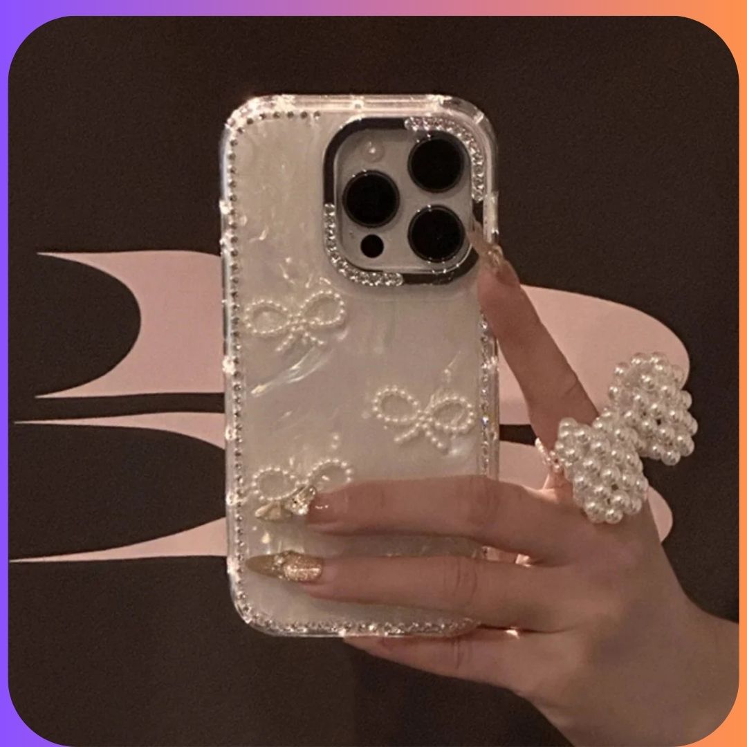 Mira 3D Pearl Bow Glitter Shell iPhone Case – Silver