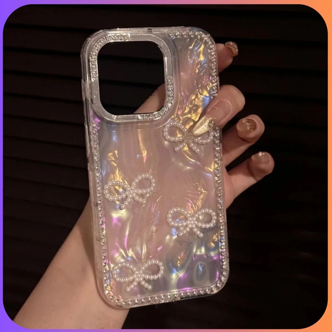 Mira 3D Pearl Bow Glitter Shell iPhone Case – Silver